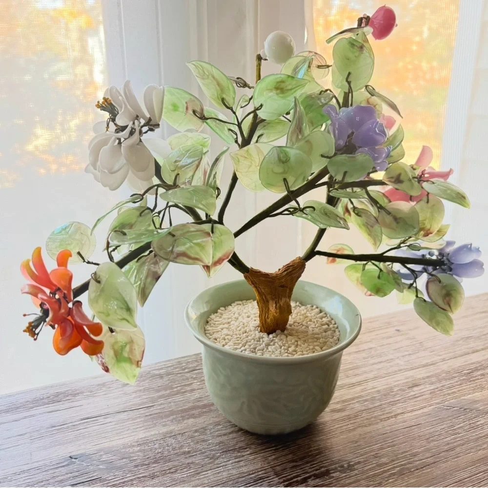 Vintage Jade Gemstone Bonsai Tree Rose Quartz Agate Carnelian Hand-carved Floral